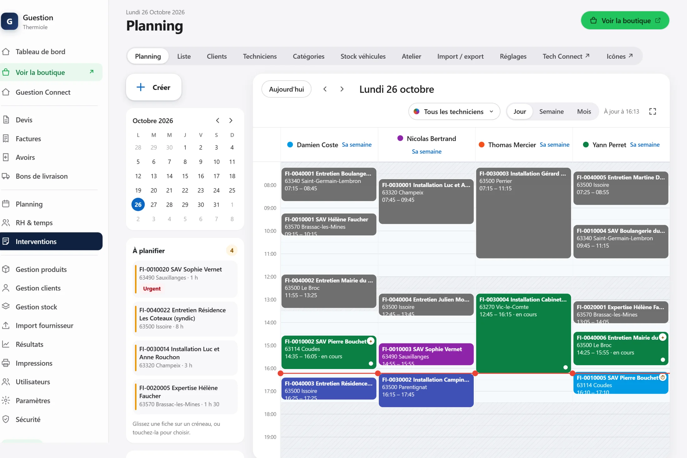 Planning des techniciens de Thermiole dans Guestion